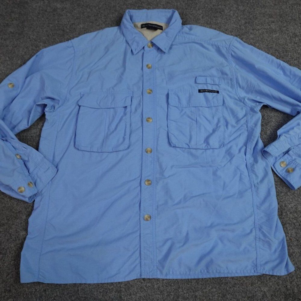Ex Officio Mens Shirt L Blue Solid Long Sleeve Vented Fishing Nylon
